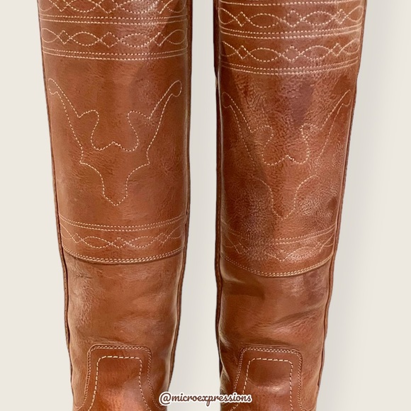 1970 Frye VINTAGE RARE Deer/Moose Cognac Leather Campus Knee High Tall Heel Boot - Picture 6 of 13